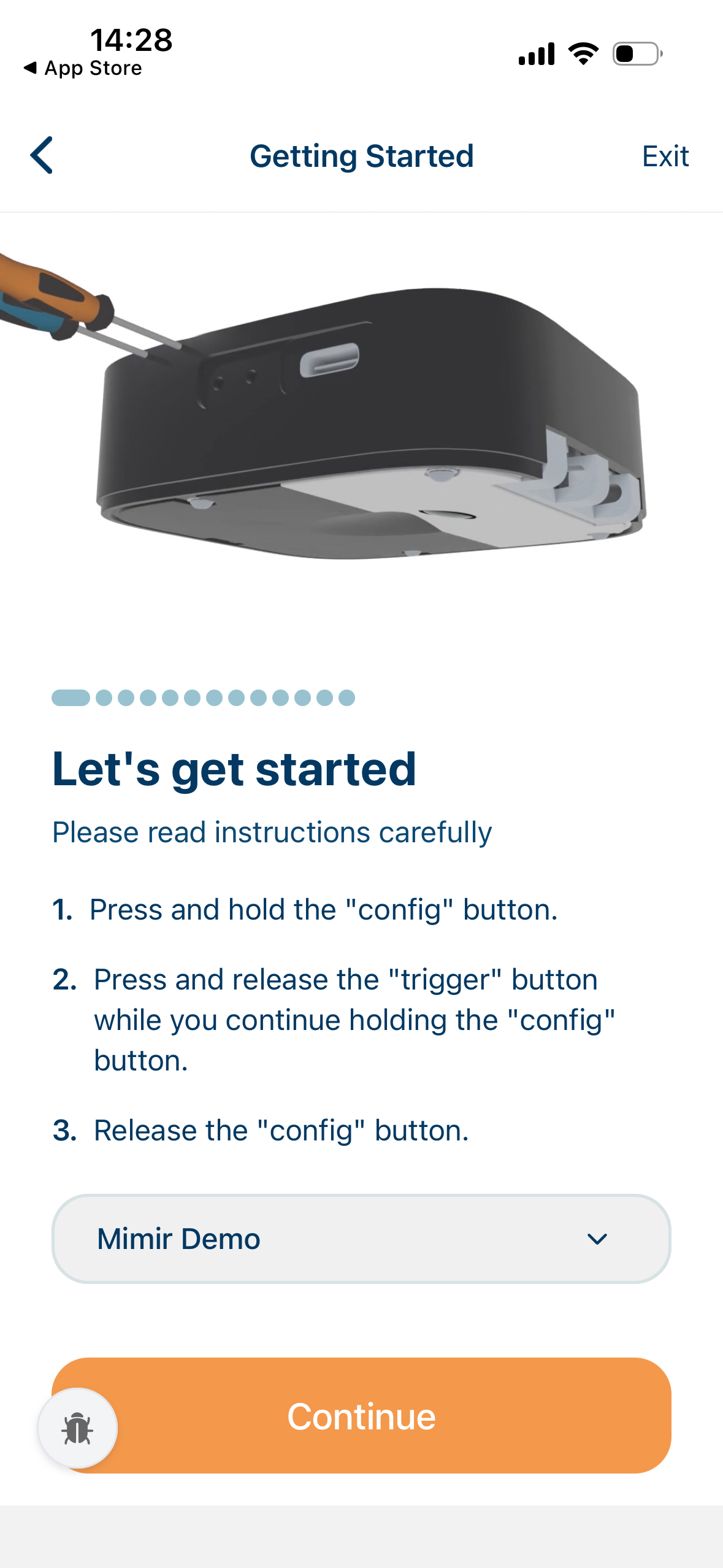 Getting Started screen with button instructions